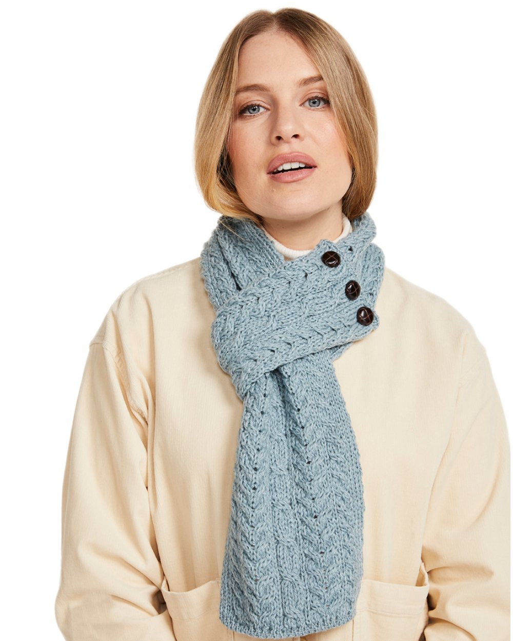 Blue Coloured Aran Womens Ballina Buttoned Loop Scarf on white background