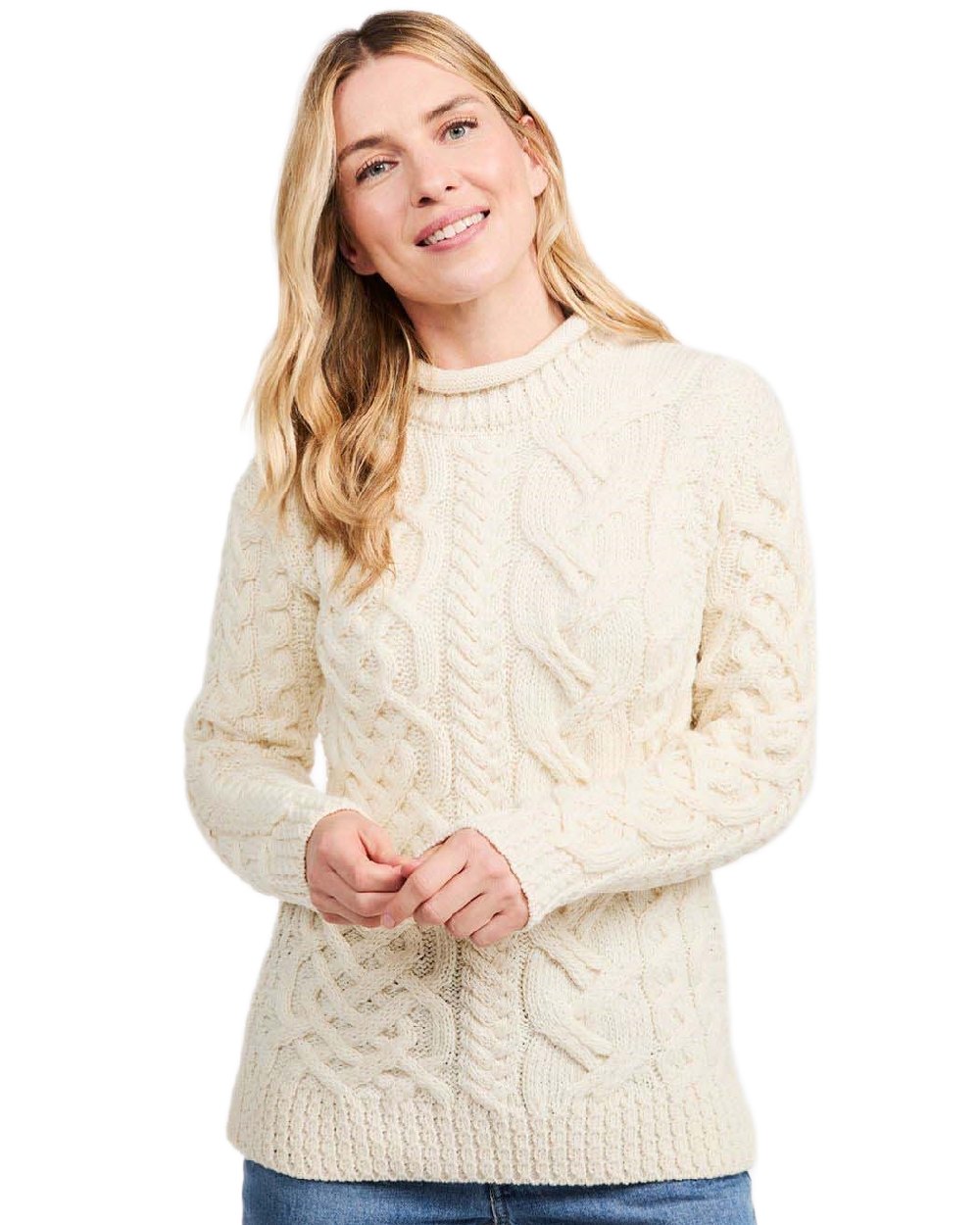 Cream Coloured Aran Womens Calla Aysmmetrical Pattern Sweater on white background