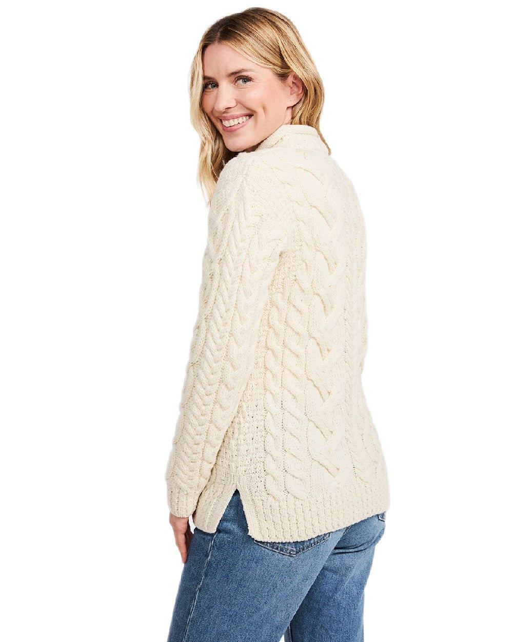 Cream Coloured Aran Womens Calla Aysmmetrical Pattern Sweater on white background