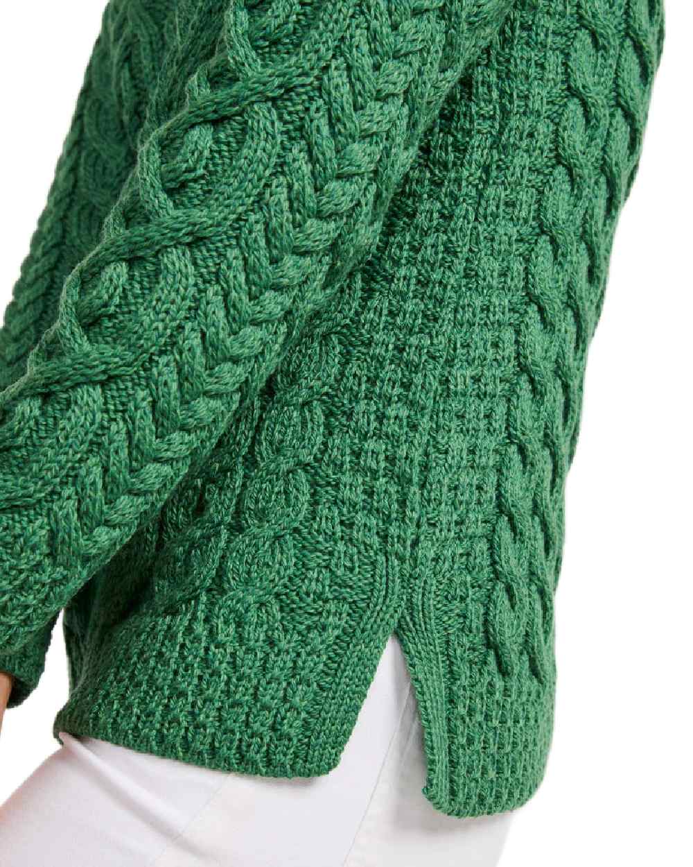 Green Coloured Aran Womens Calla Aysmmetrical Pattern Sweater on white background