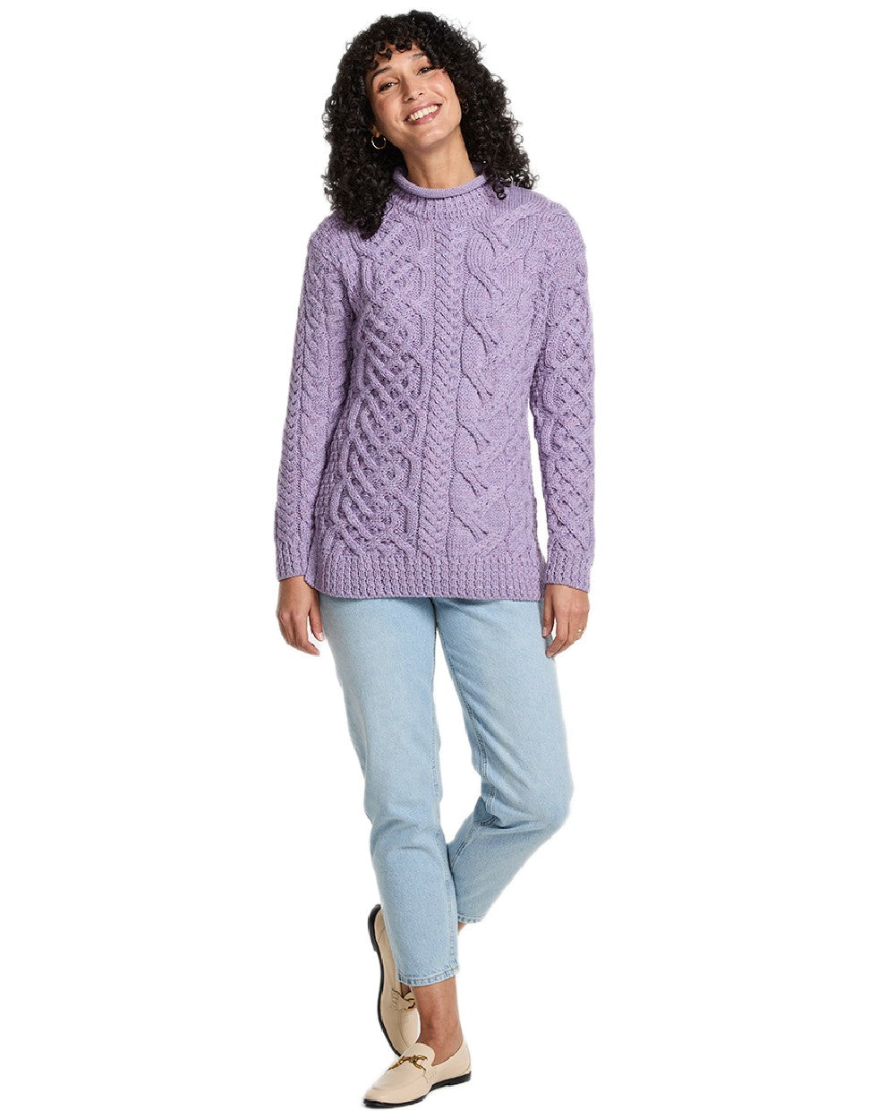 Soft Lilac Coloured Aran Womens Calla Aysmmetrical Pattern Sweater on white background