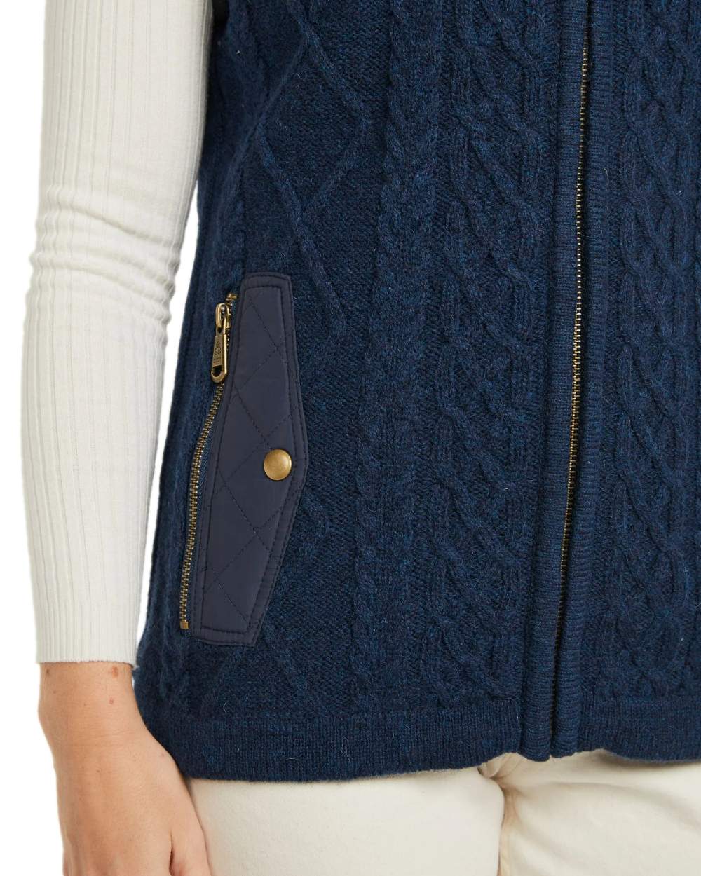 Navy Coloured Aran Womens Castlehill Gilet with Fleece Collar on white background