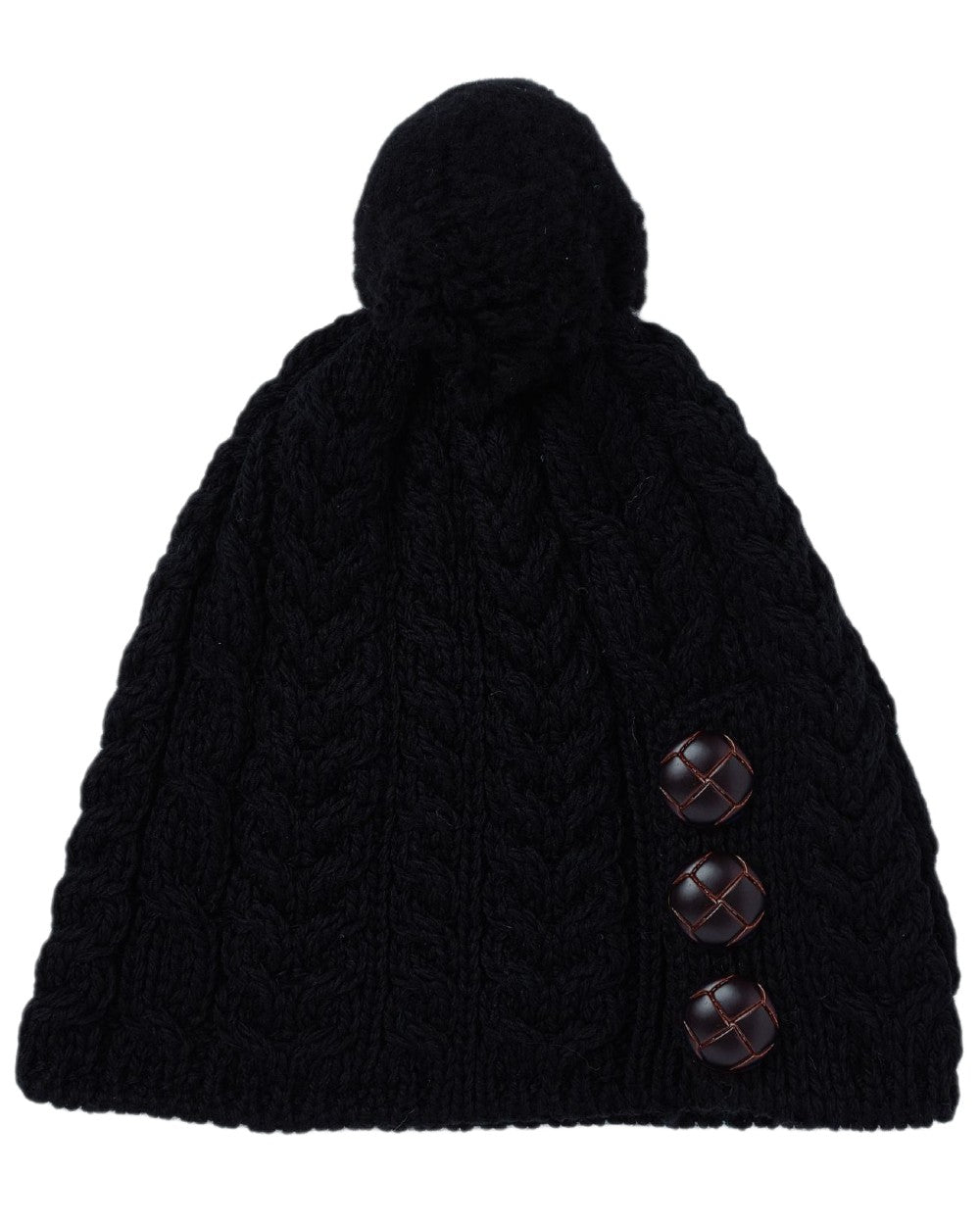 Black Coloured Aran Womens Cong Hat With Pom Pom on white background