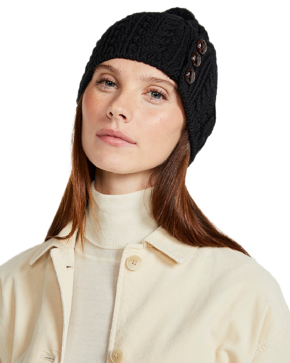 Black Coloured Aran Womens Cong Hat With Pom Pom on white background