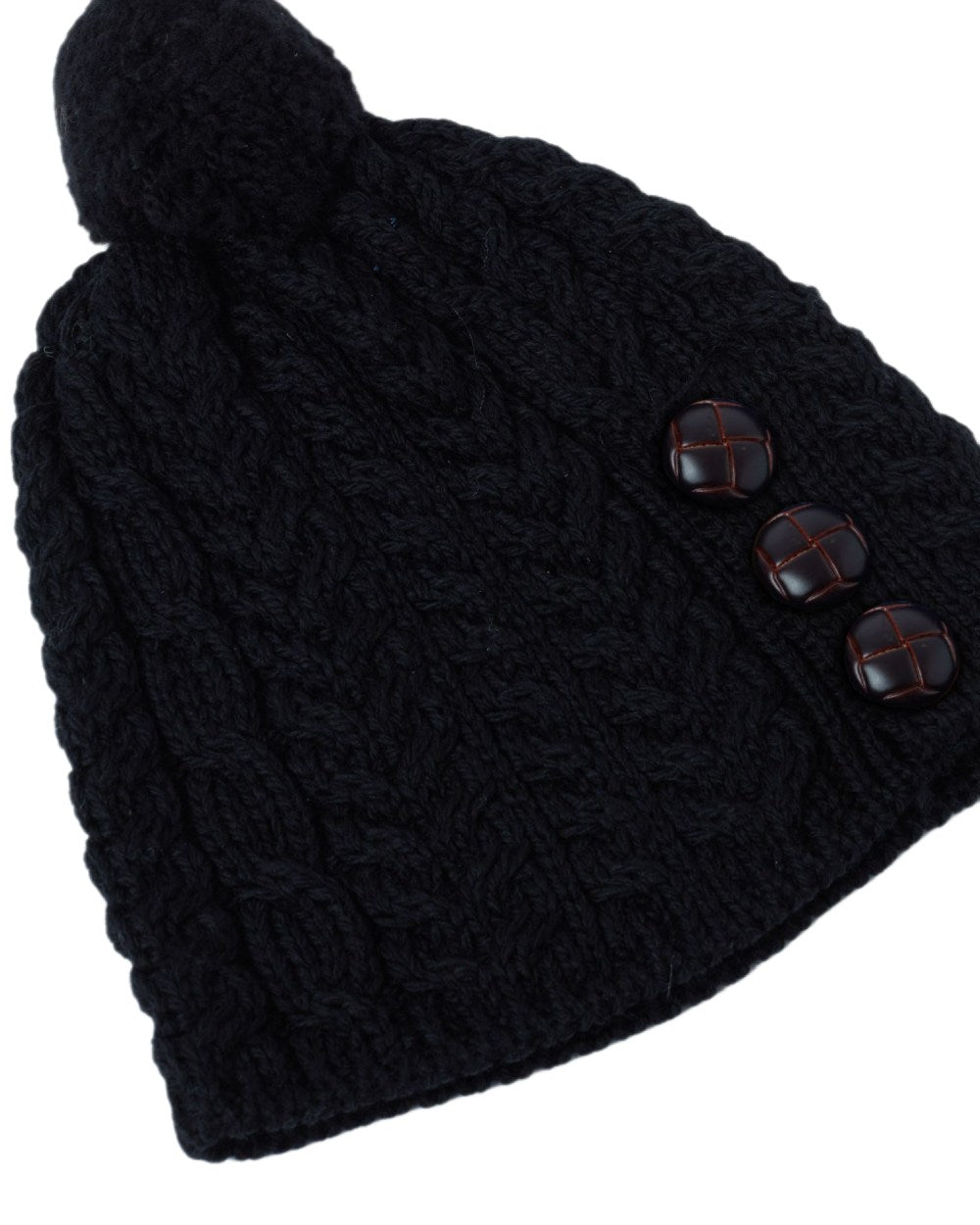 Black Coloured Aran Womens Cong Hat With Pom Pom on white background