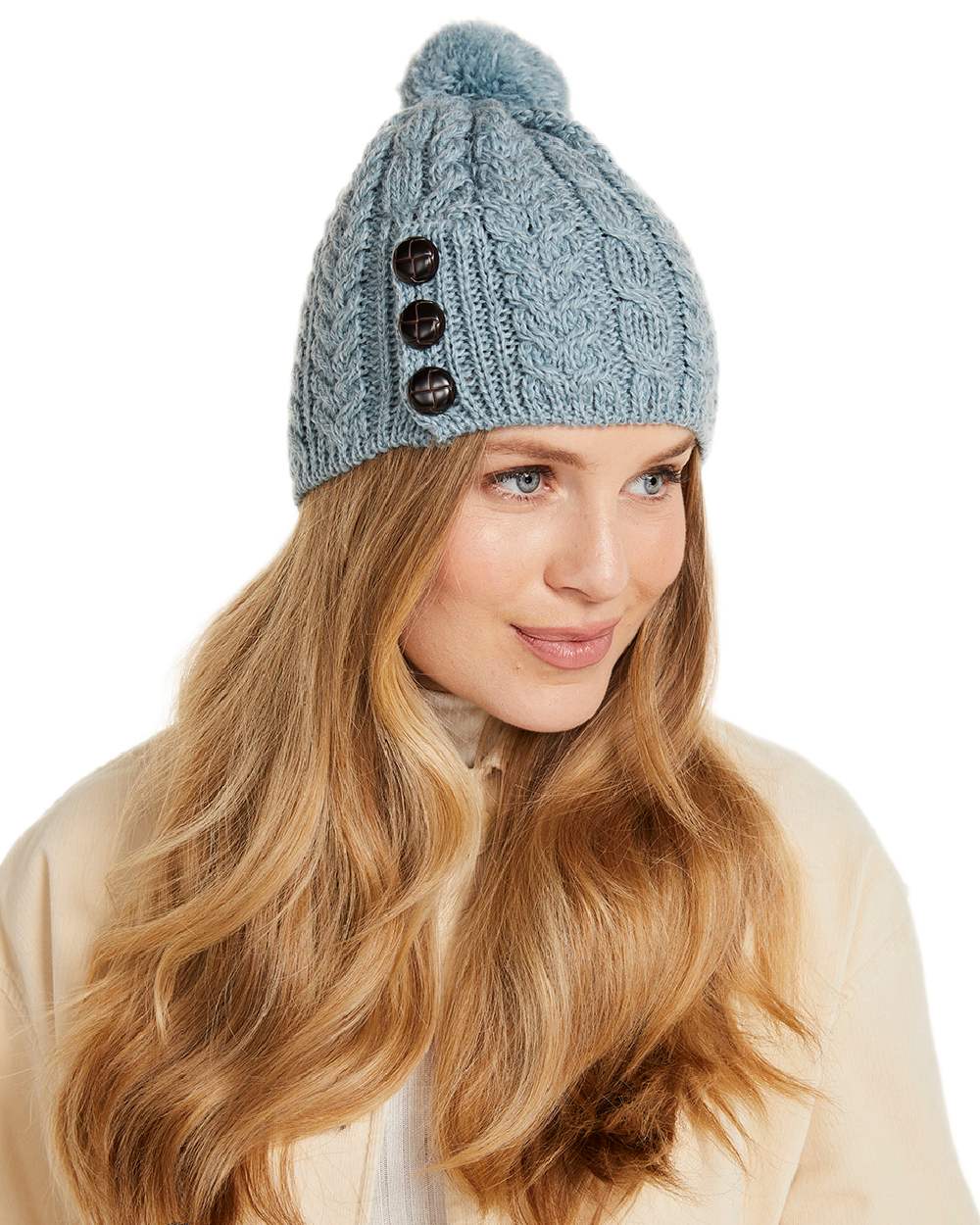 Blue Coloured Aran Womens Cong Hat With Pom Pom on white background