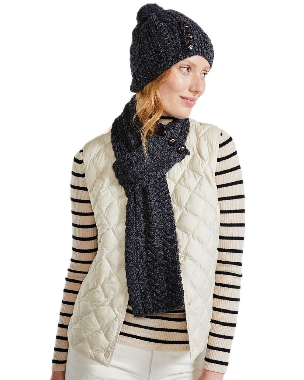 Charcoal Coloured Aran Womens Cong Hat With Pom Pom on white background