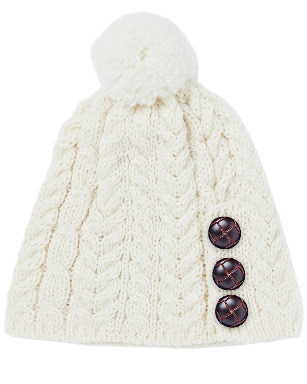 Cream Coloured Aran Womens Cong Hat With Pom Pom on white background