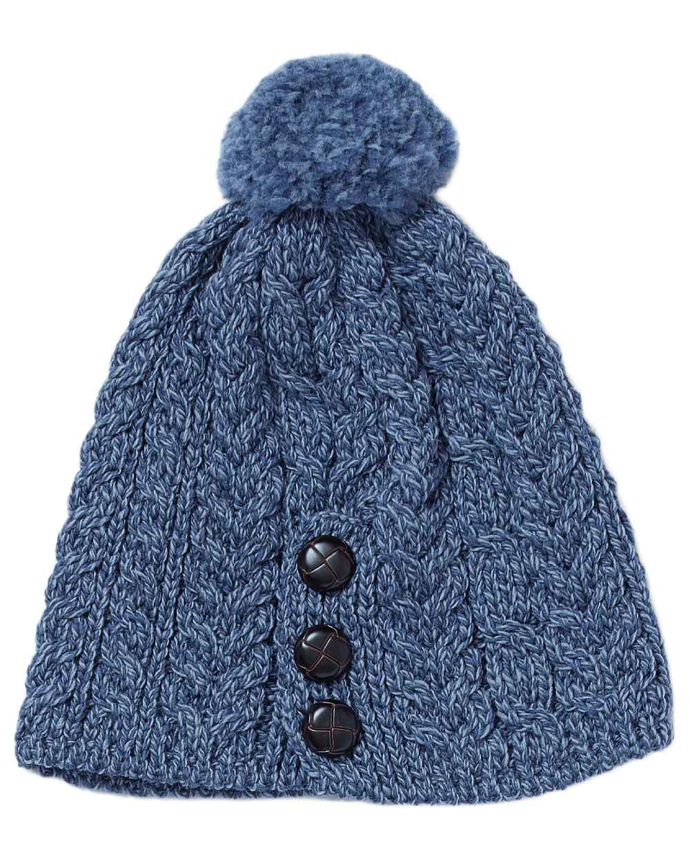 Denim Coloured Aran Womens Cong Hat With Pom Pom on white background