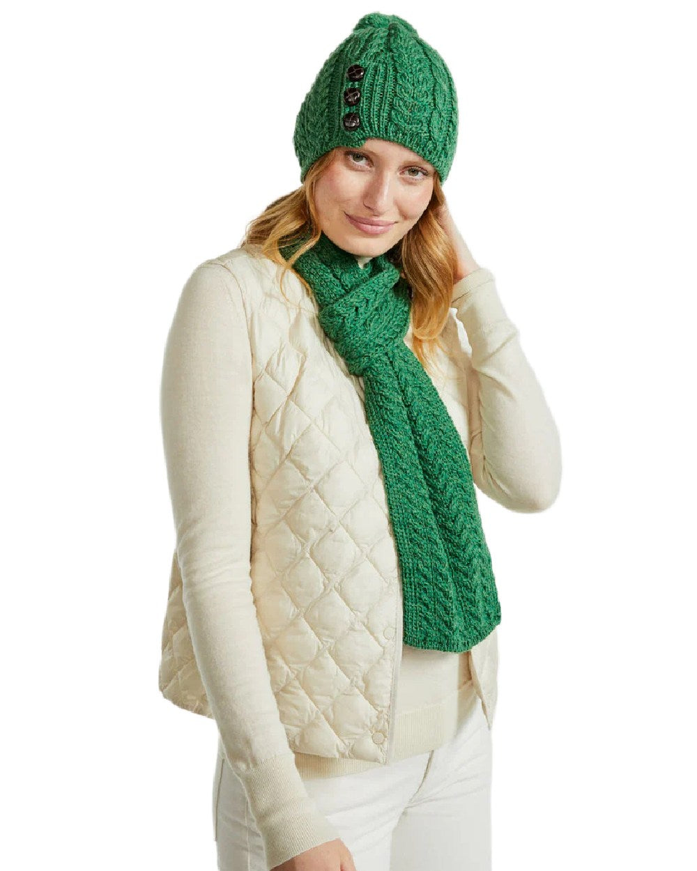 Green Coloured Aran Womens Cong Hat With Pom Pom on white background