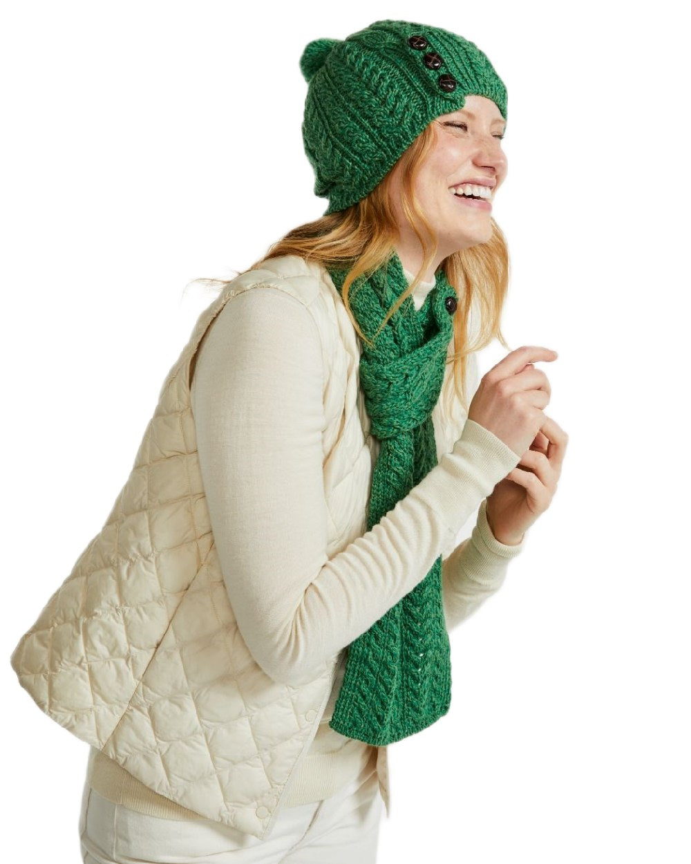 Green Coloured Aran Womens Cong Hat With Pom Pom on white background