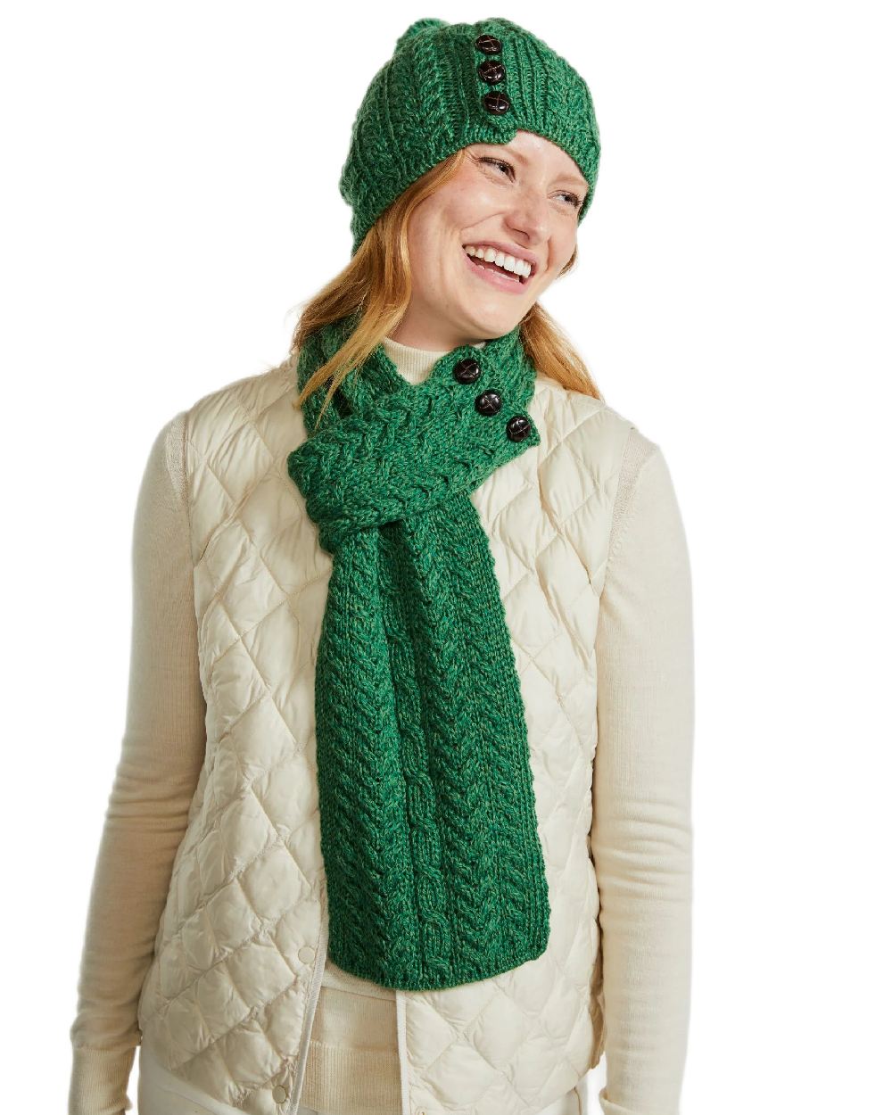 Green Coloured Aran Womens Cong Hat With Pom Pom on white background