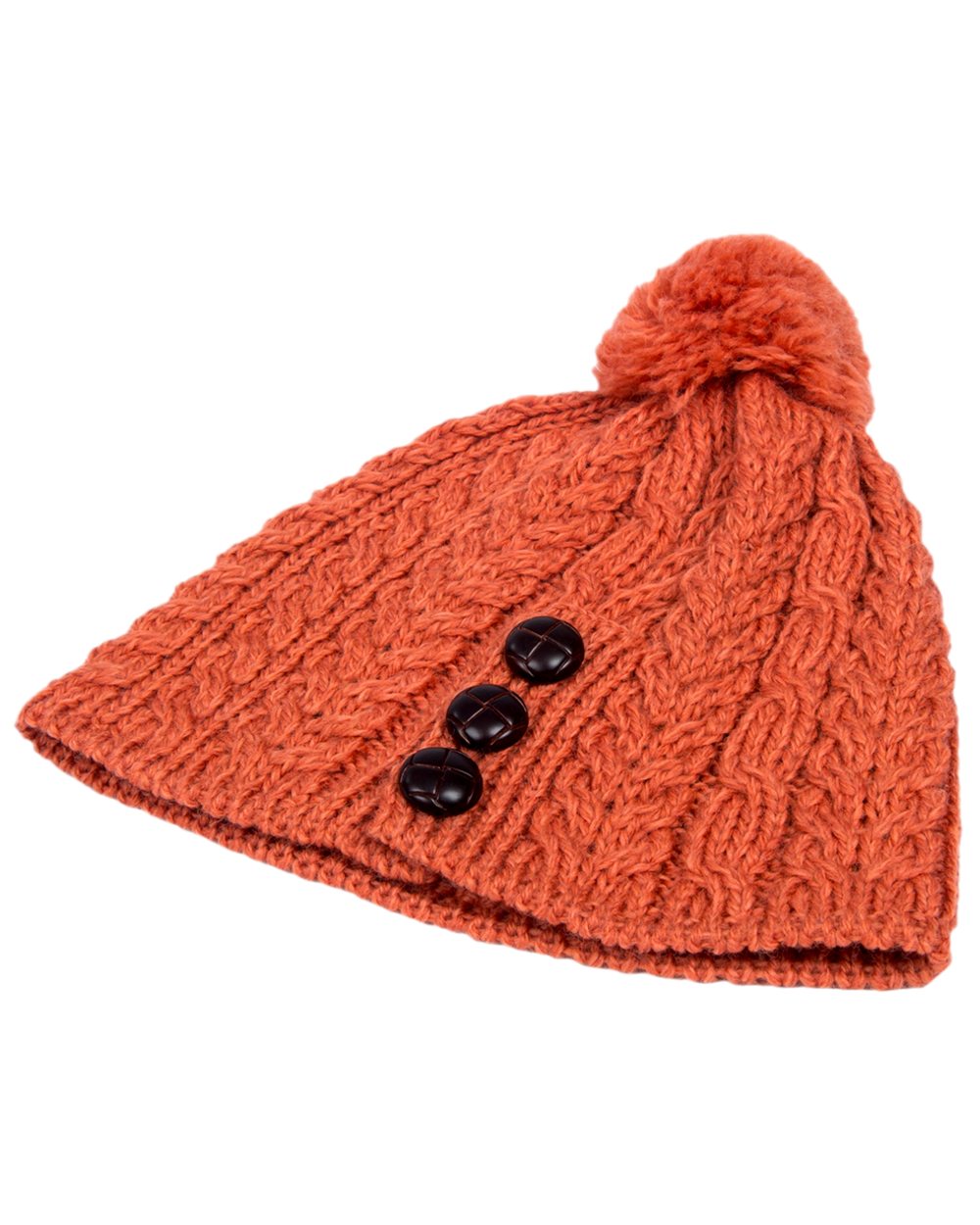 Red Orange Coloured Aran Womens Cong Hat With Pom Pom on white background