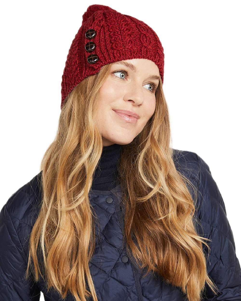 Red Coloured Aran Womens Cong Hat With Pom Pom on white background