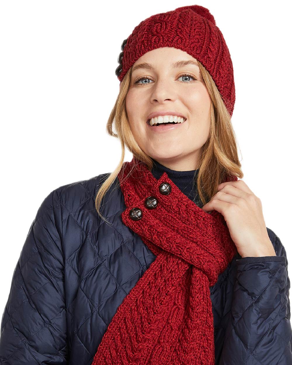Red Coloured Aran Womens Cong Hat With Pom Pom on white background