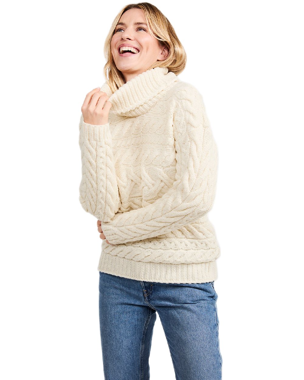 Cream Coloured Aran Womens Derreen Horizontal Cable Sweater on white background