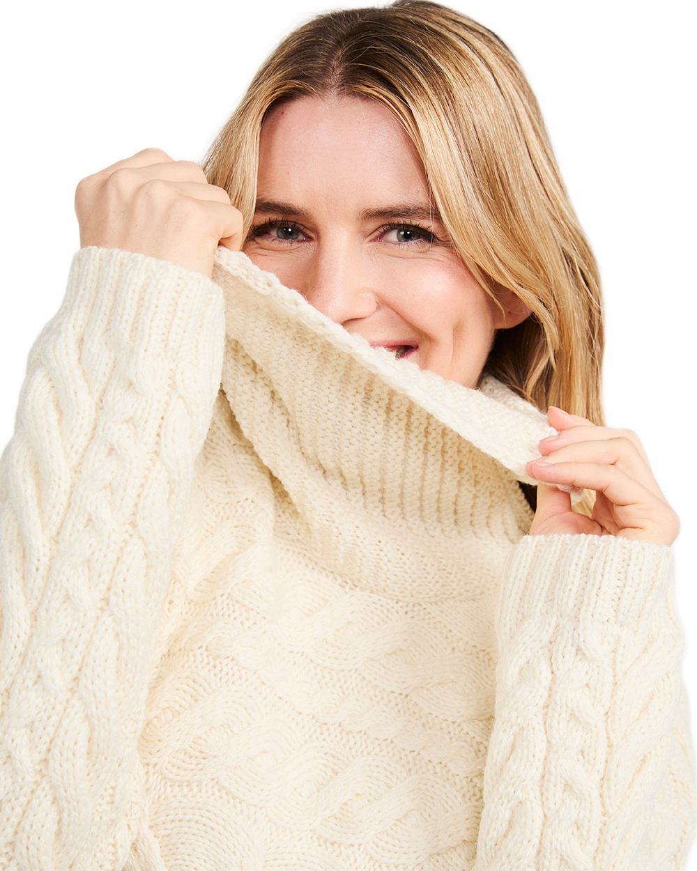 Cream Coloured Aran Womens Derreen Horizontal Cable Sweater on white background
