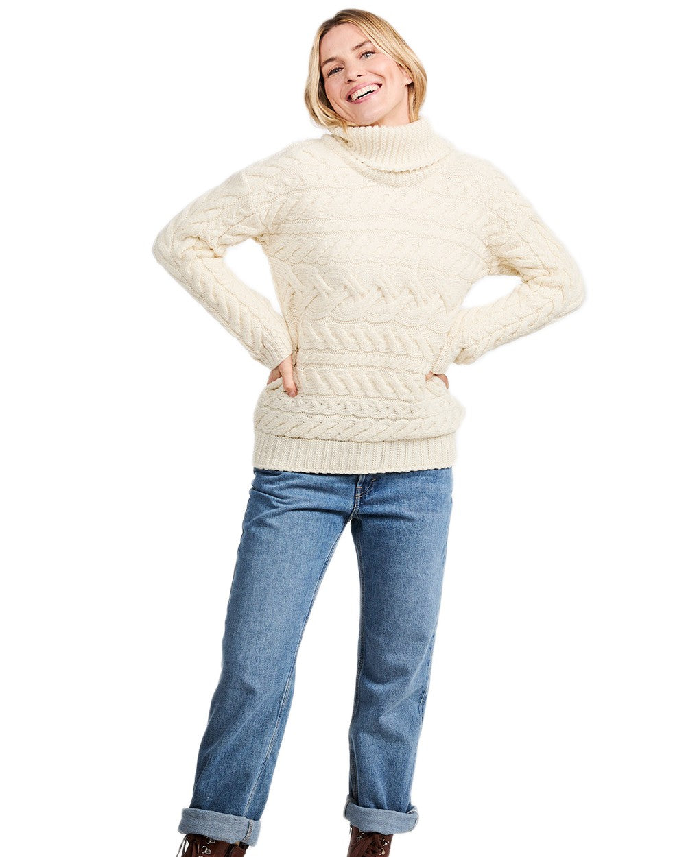 Cream Coloured Aran Womens Derreen Horizontal Cable Sweater on white background