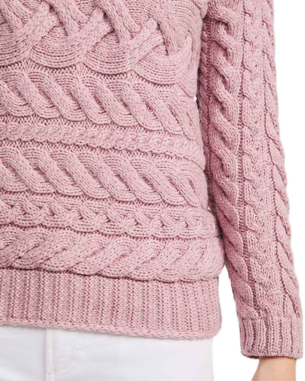 Pink Coloured Aran Womens Derreen Horizontal Cable Sweater on white background