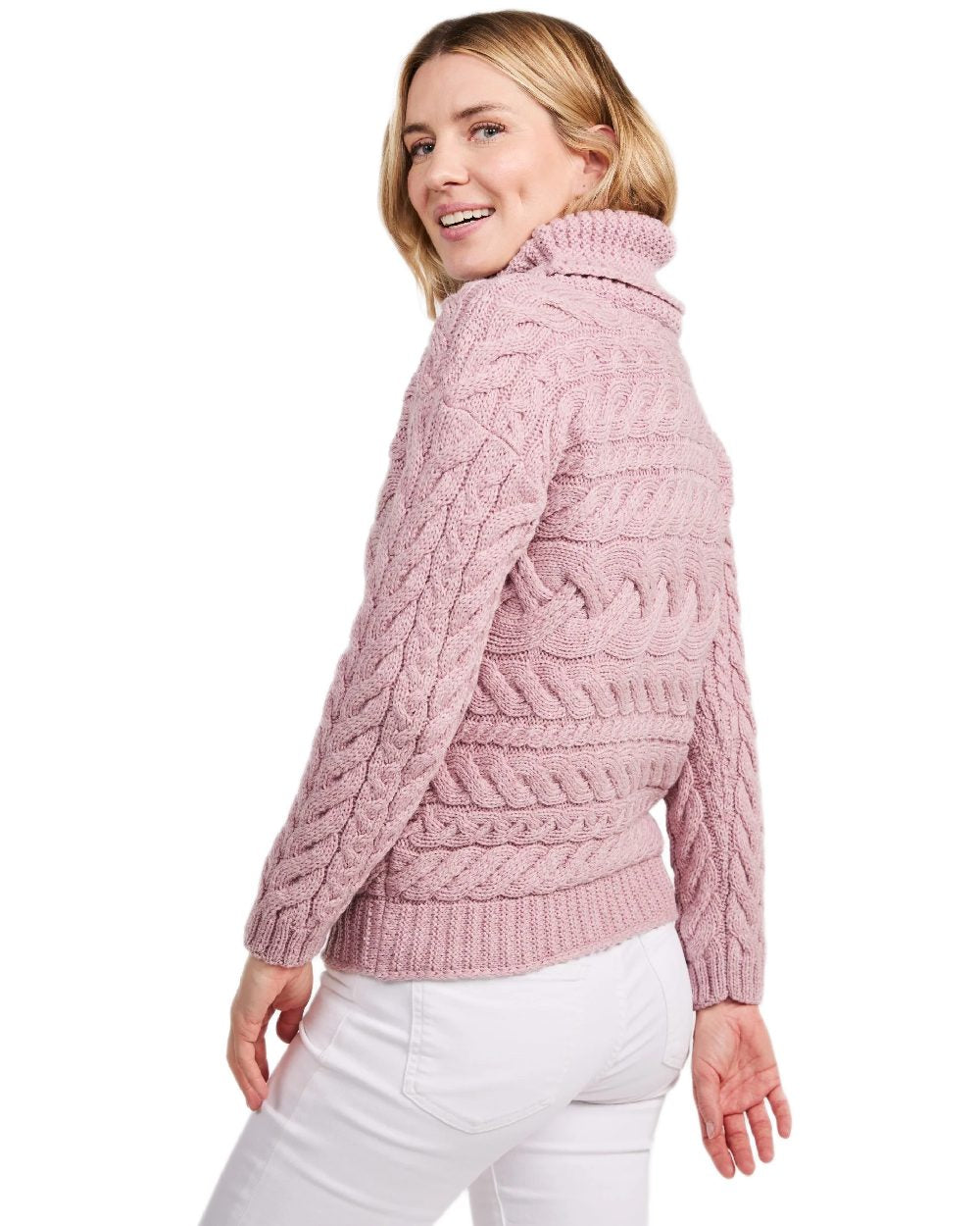 Pink Coloured Aran Womens Derreen Horizontal Cable Sweater on white background