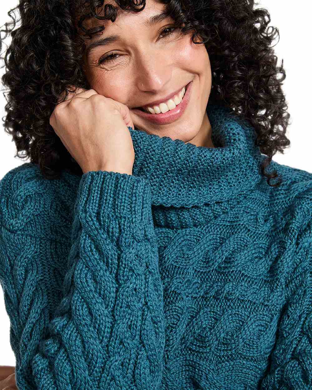 Teal Coloured Aran Womens Derreen Horizontal Cable Sweater on white background