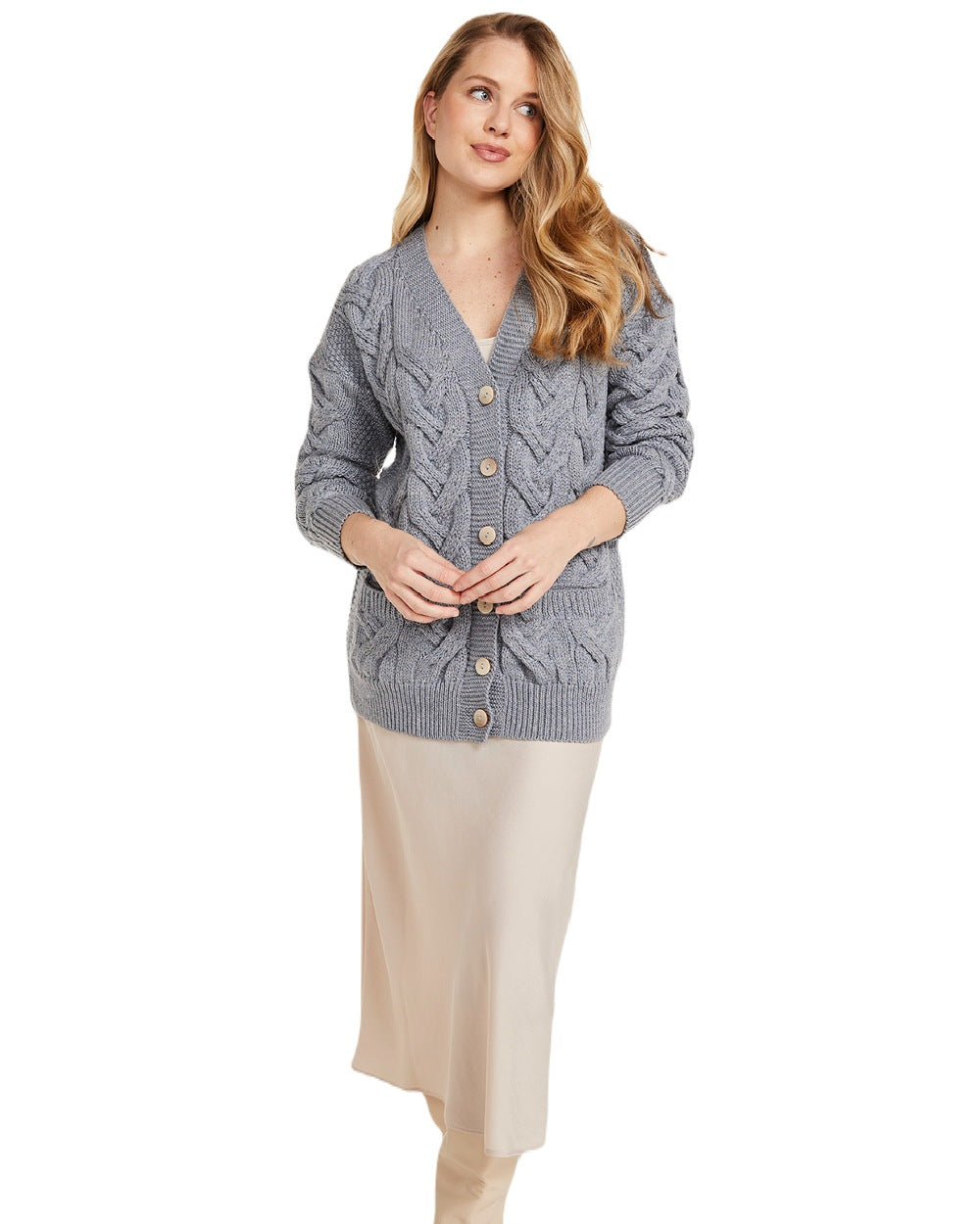 Denim coloured Aran Womens Downpatrick Cardigan on white background