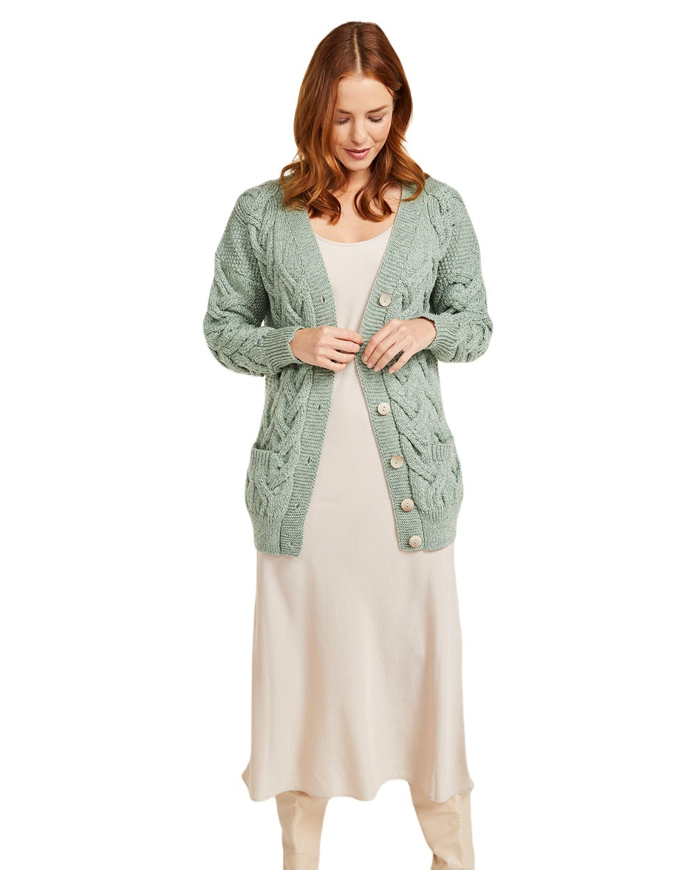 Mint coloured Aran Womens Downpatrick Cardigan on white background
