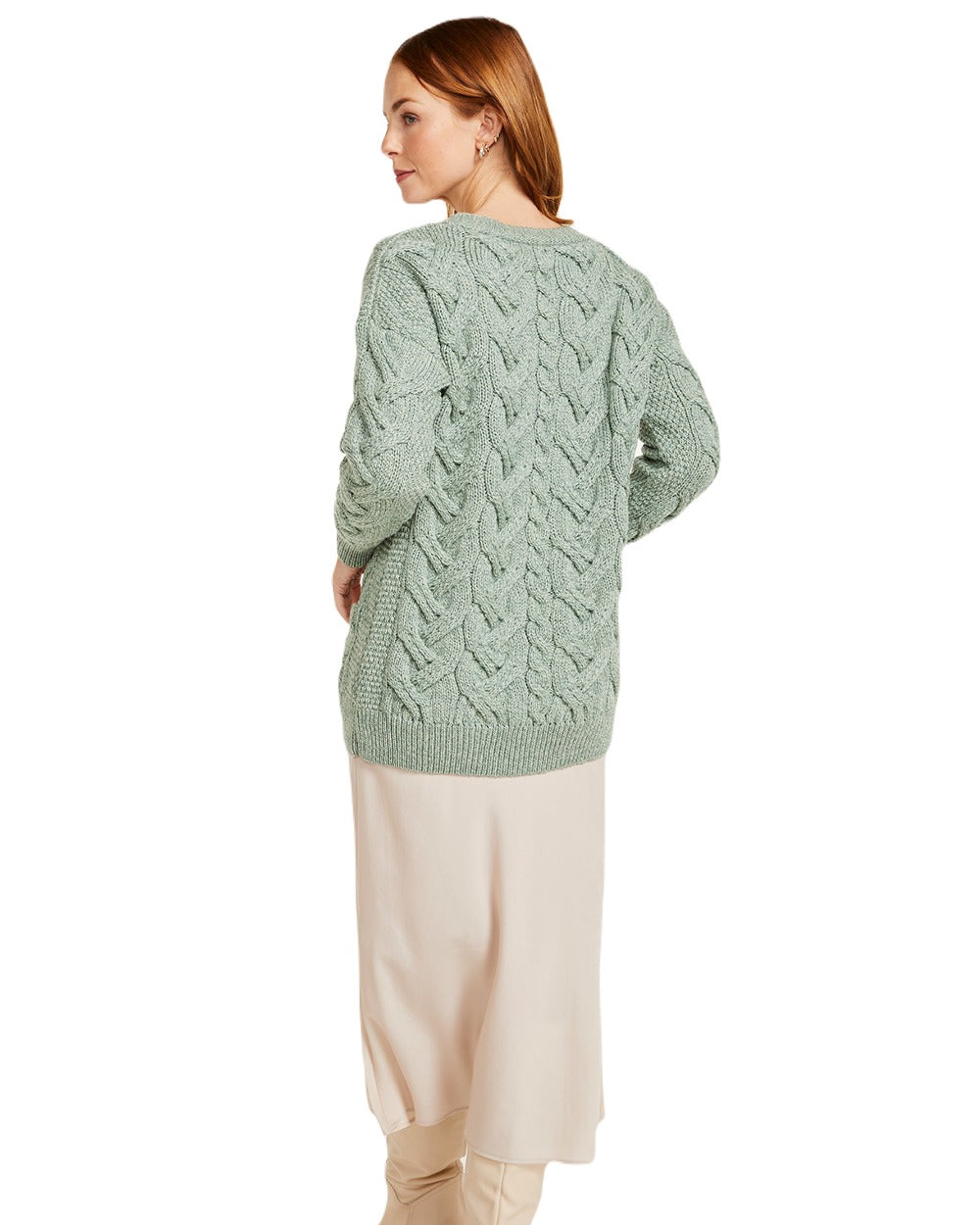 Mint coloured Aran Womens Downpatrick Cardigan on white background