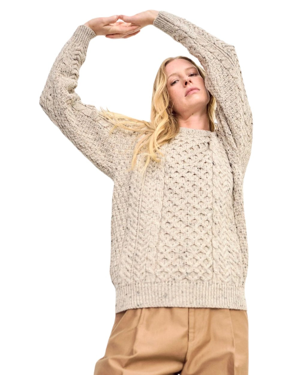 Flecked Oat coloured Aran Womens Inishbofin Traditional Sweater on white background