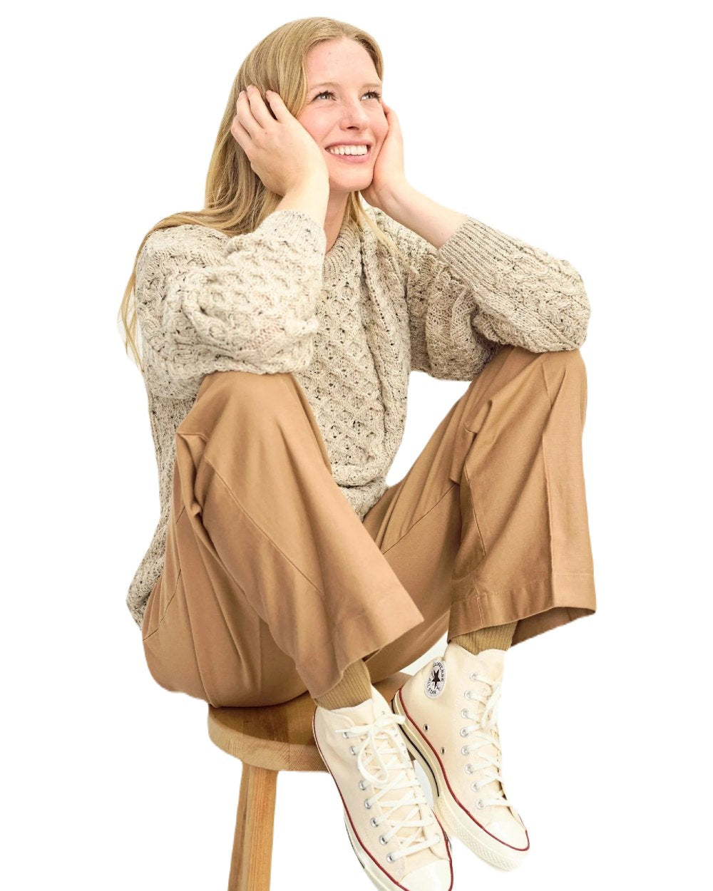 Flecked Oat coloured Aran Womens Inishbofin Traditional Sweater on white background