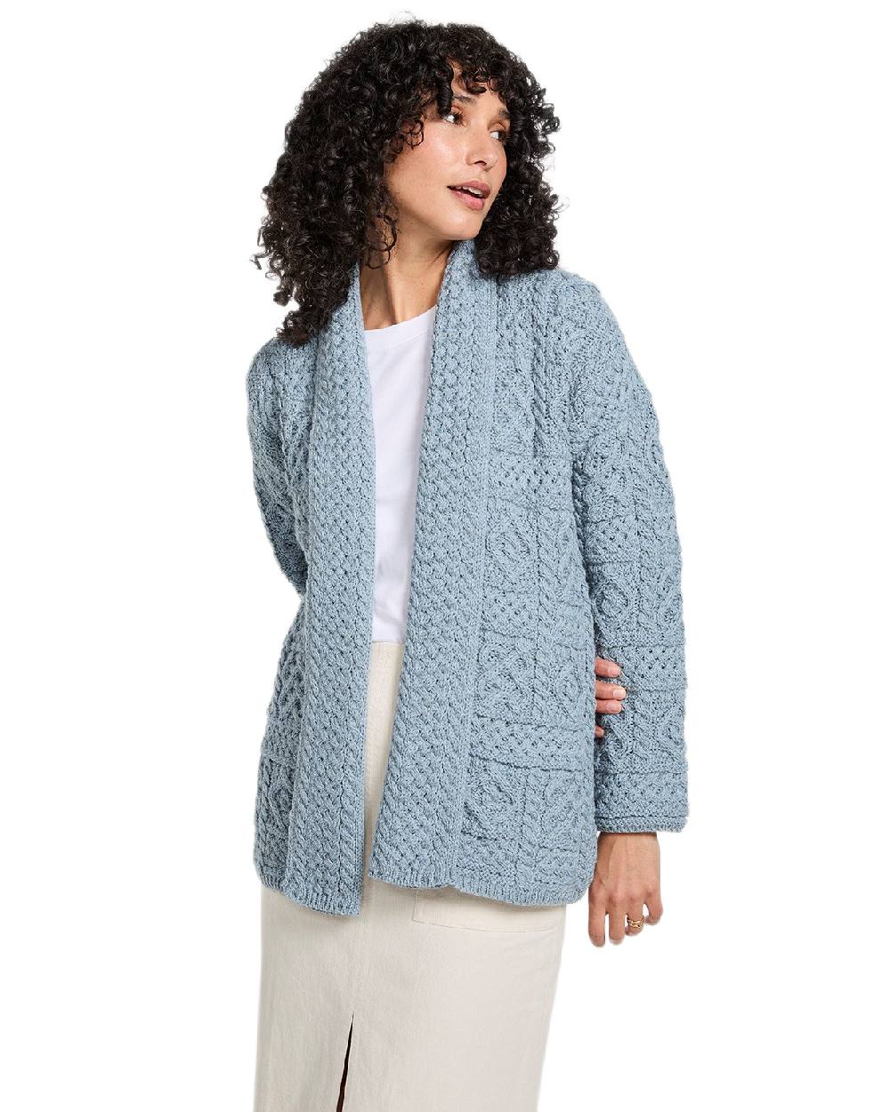 Blue Coloured Aran Womens Liffey Merino Shawl Cardigan on white background