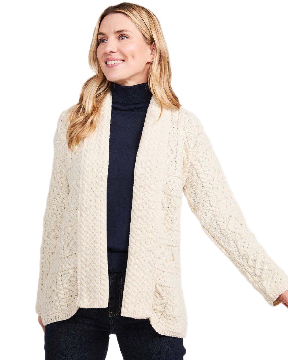 Cream Coloured Aran Womens Liffey Merino Shawl Cardigan on white background