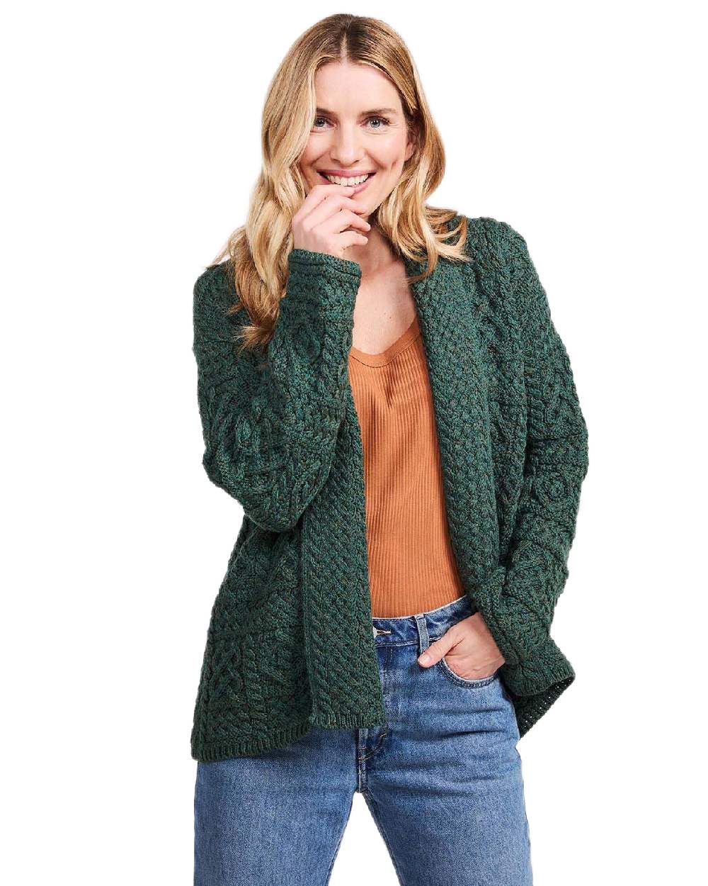 Green Coloured Aran Womens Liffey Merino Shawl Cardigan on white background