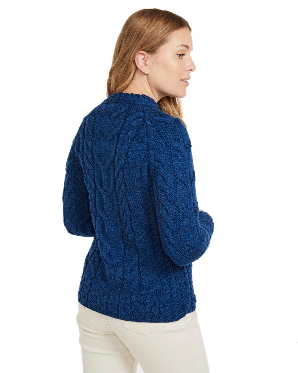 Blue Coloured Aran Womens Listowel Cabled Sweater on white background