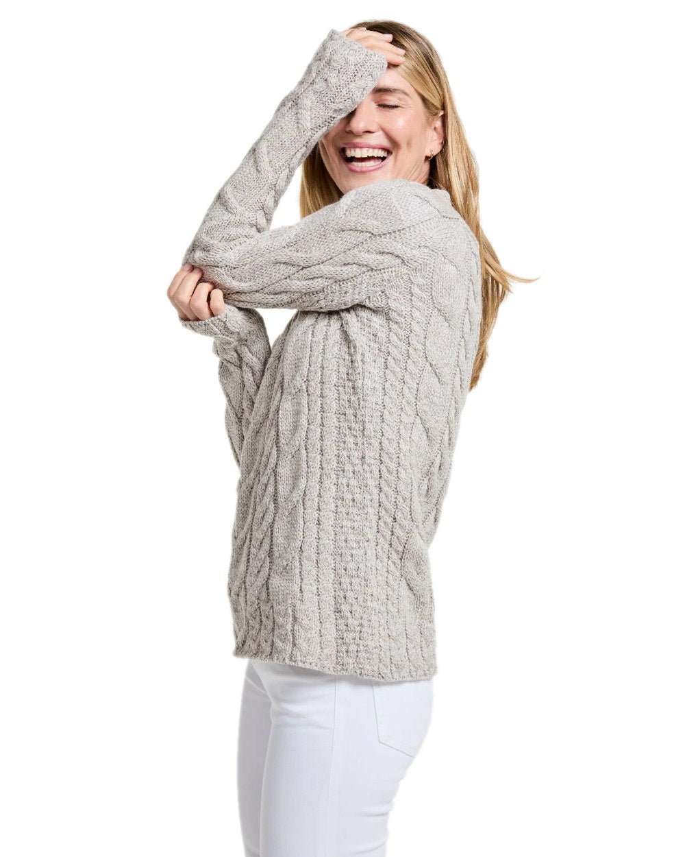 Oat Coloured Aran Womens Listowel Cabled Sweater on white background