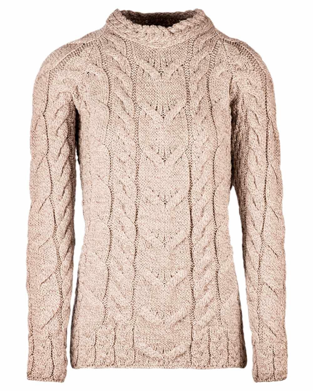 Oat Coloured Aran Womens Listowel Cabled Sweater on white background