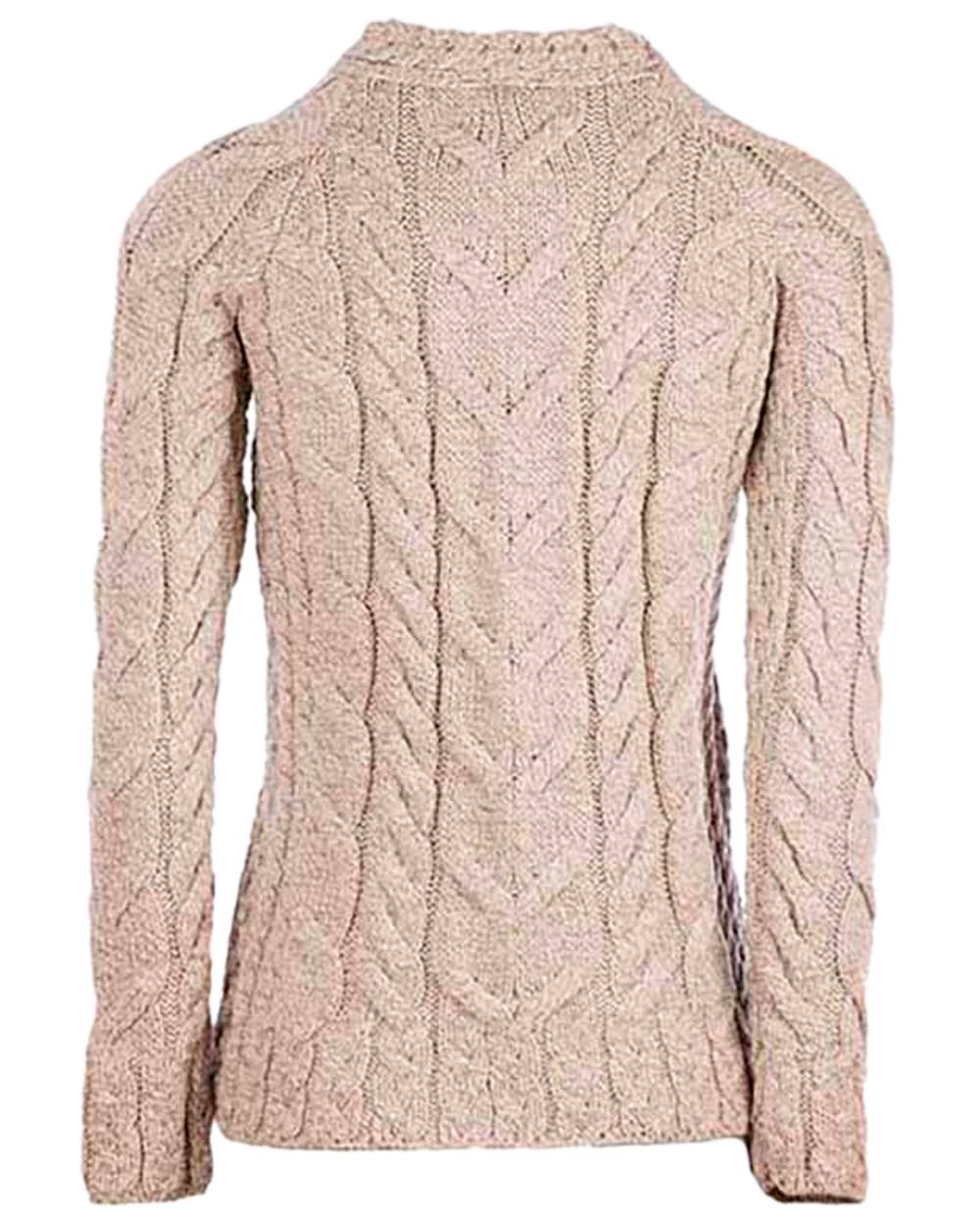 Oat Coloured Aran Womens Listowel Cabled Sweater on curtain background
