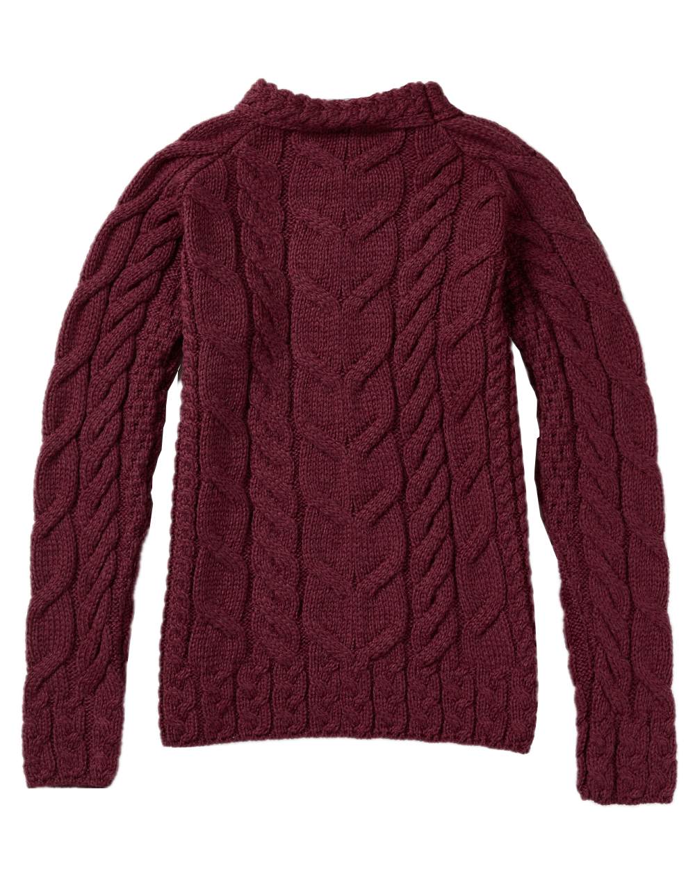 Raspberry Coloured Aran Womens Listowel Cabled Sweater on curtain background