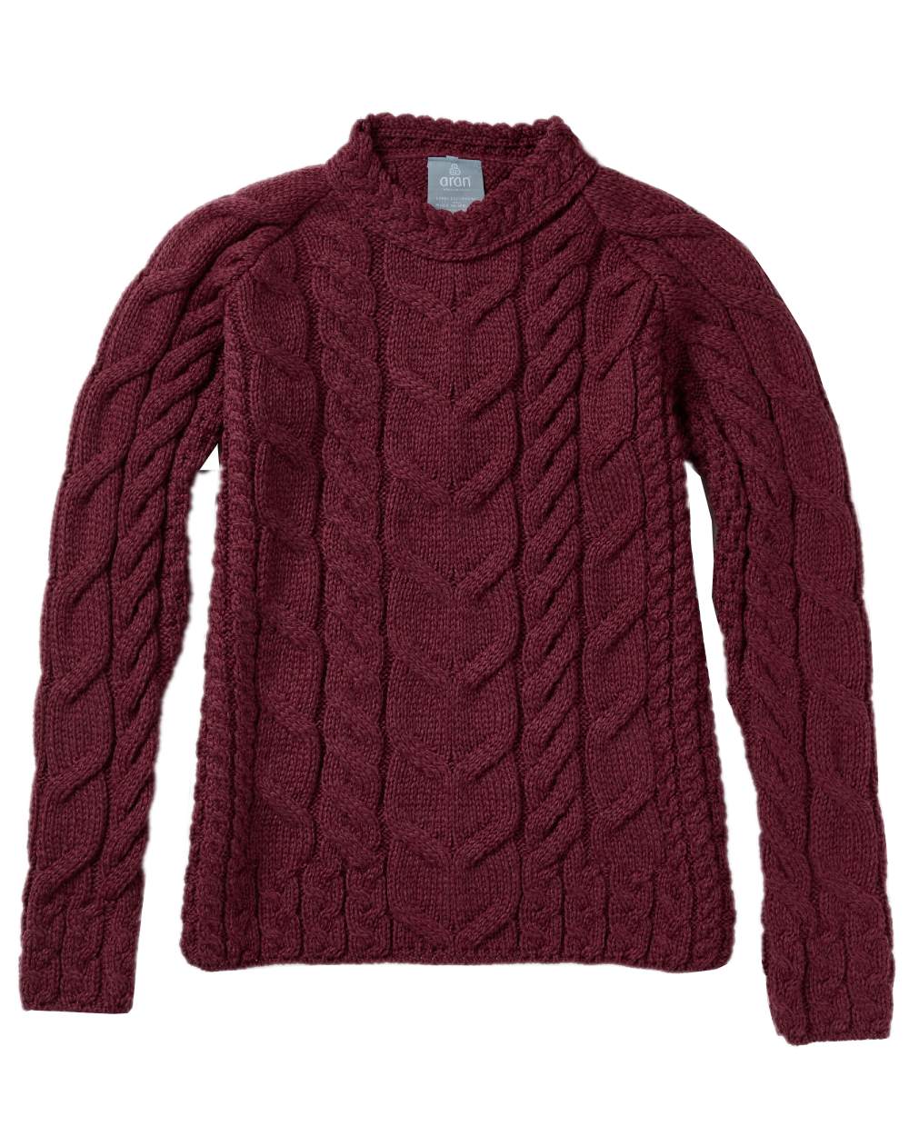 Raspberry Coloured Aran Womens Listowel Cabled Sweater on curtain background