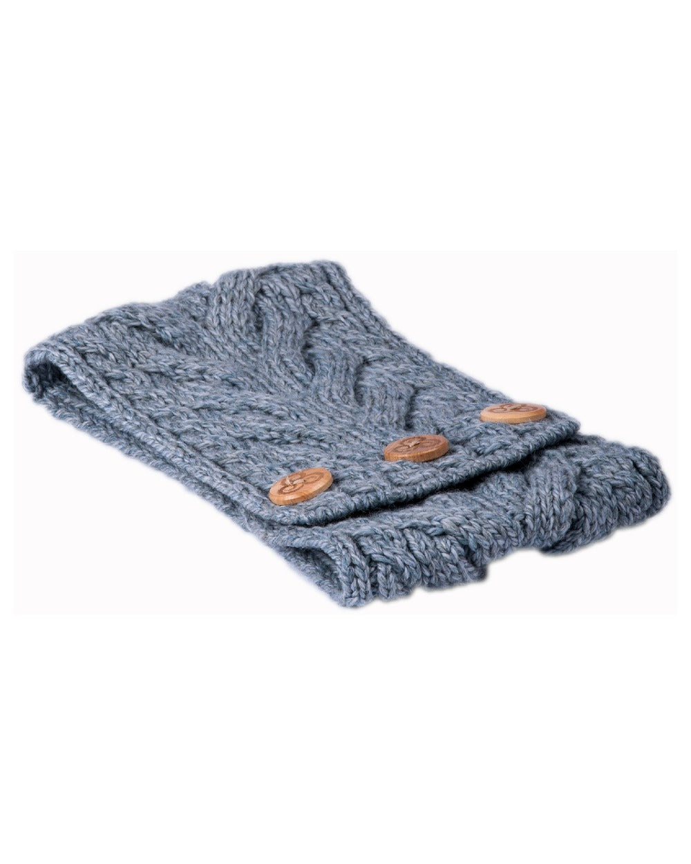 Denim coloured Aran Womens Multi Cable Headband With Buttons on white background