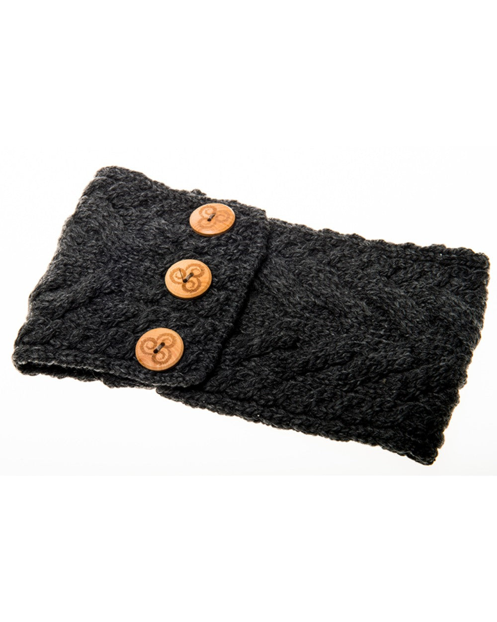 Grey coloured Aran Womens Multi Cable Headband With Buttons on white background