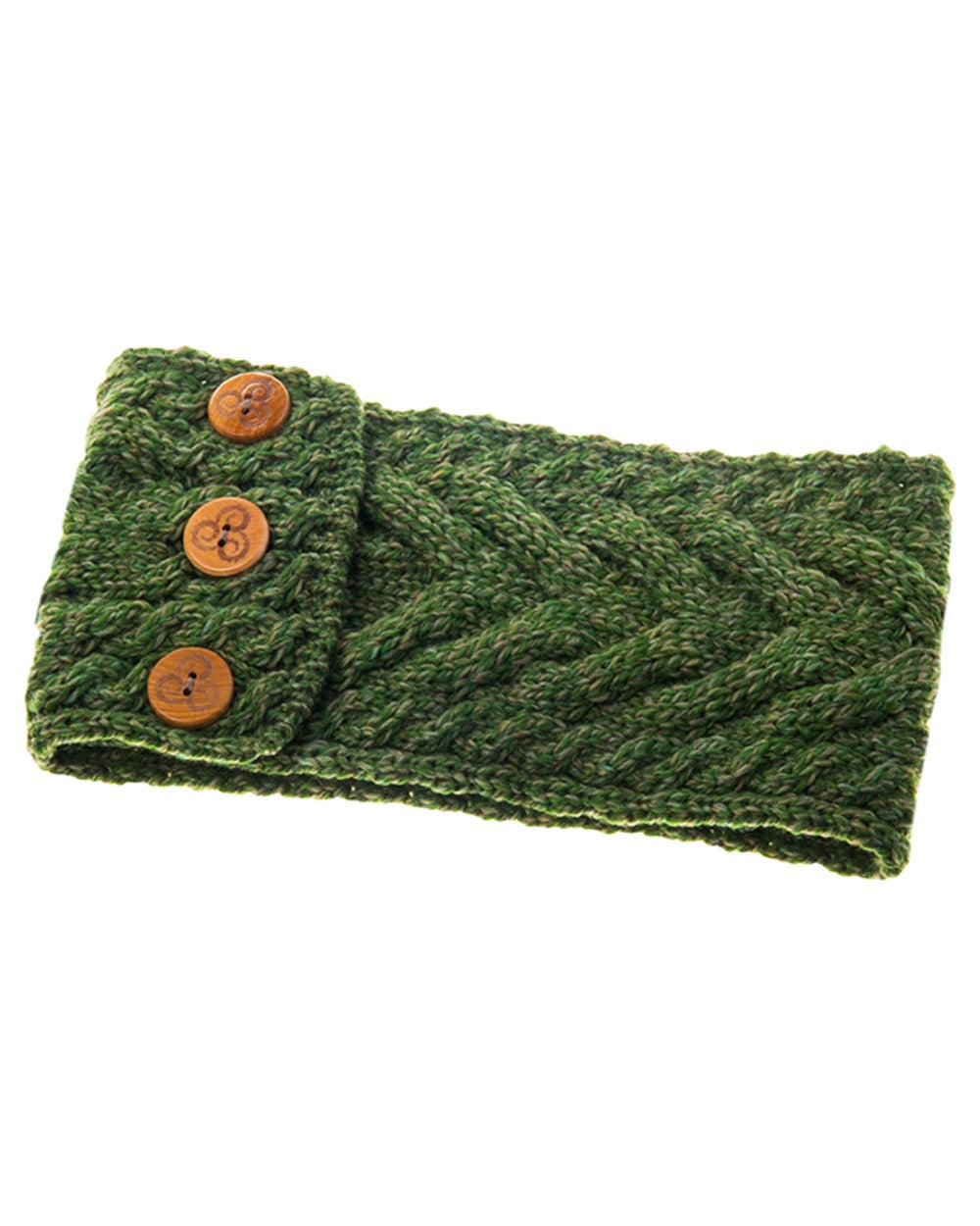 Meadow Green coloured Aran Womens Multi Cable Headband With Buttons on white background