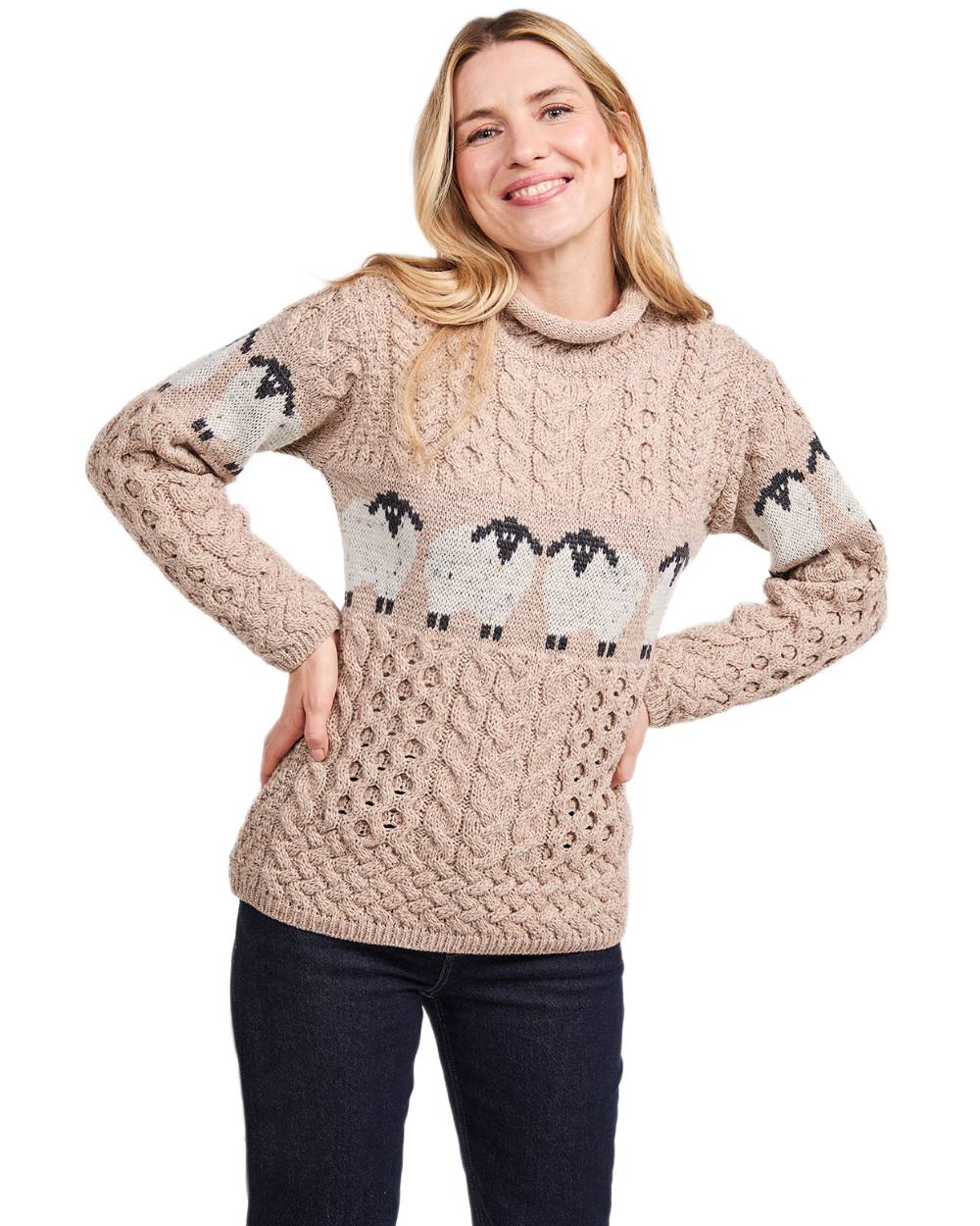 Oat Coloured Aran Womens Sheep Pattern Sweater on white background