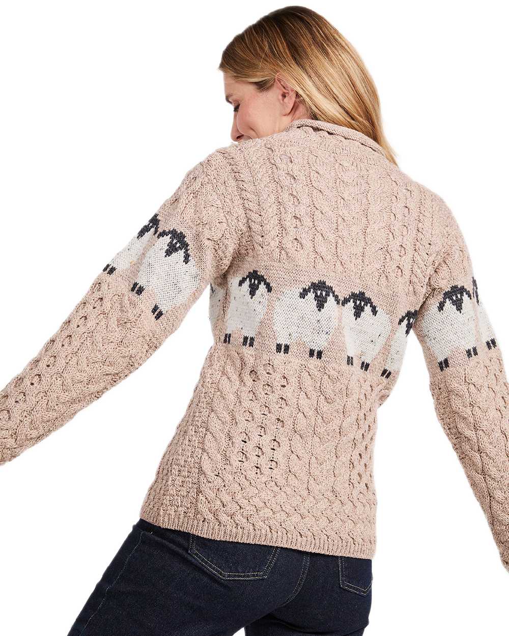 Oat Coloured Aran Womens Sheep Pattern Sweater on white background