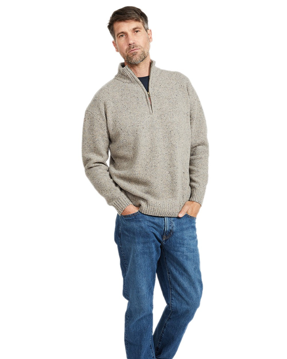 Beige Coloured Aran Wool Zip Neck Sweater on white background