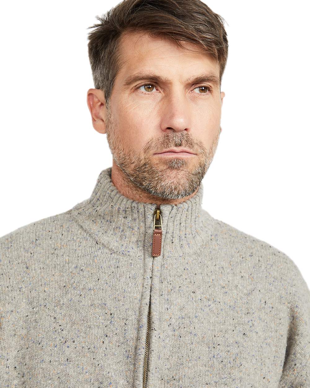 Beige Coloured Aran Wool Zip Neck Sweater on white background