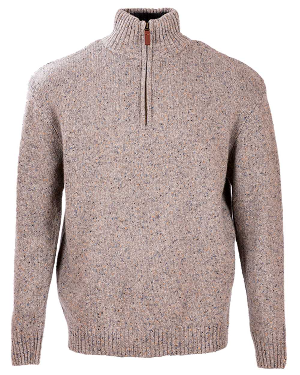 Beige Coloured Aran Wool Zip Neck Sweater on white background