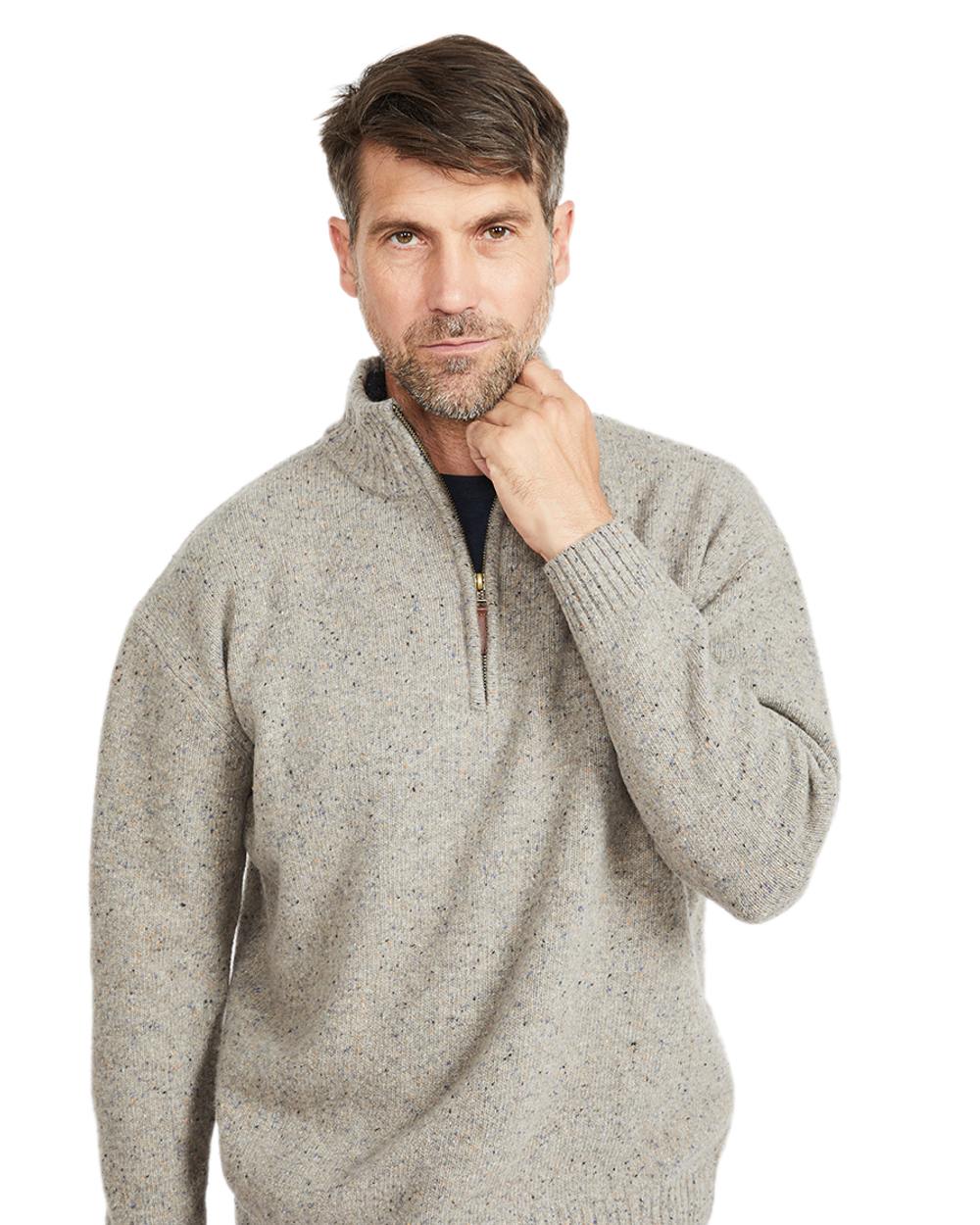 Beige Coloured Aran Wool Zip Neck Sweater on white background
