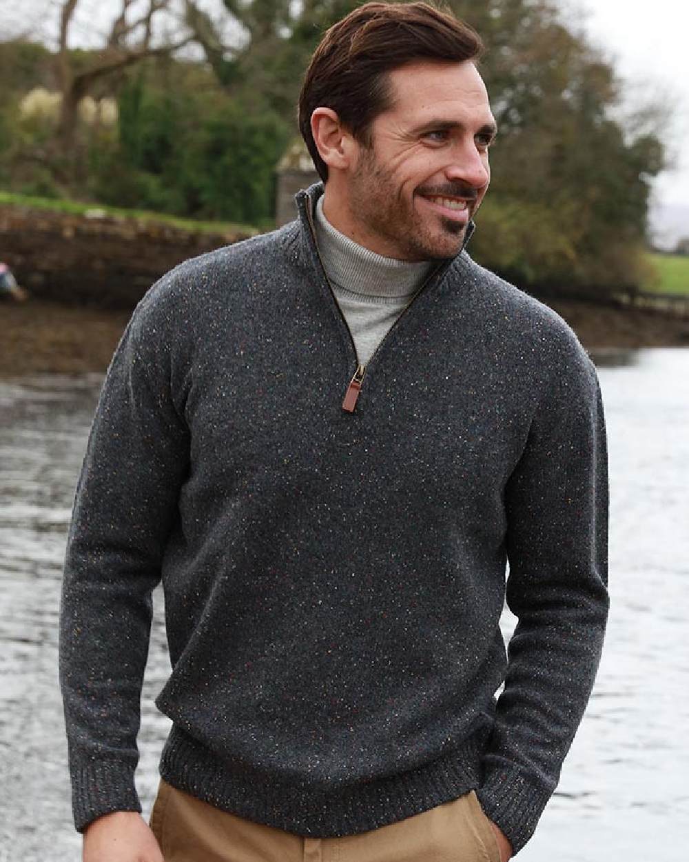 Black Coloured Aran Wool Zip Neck Sweater on river background