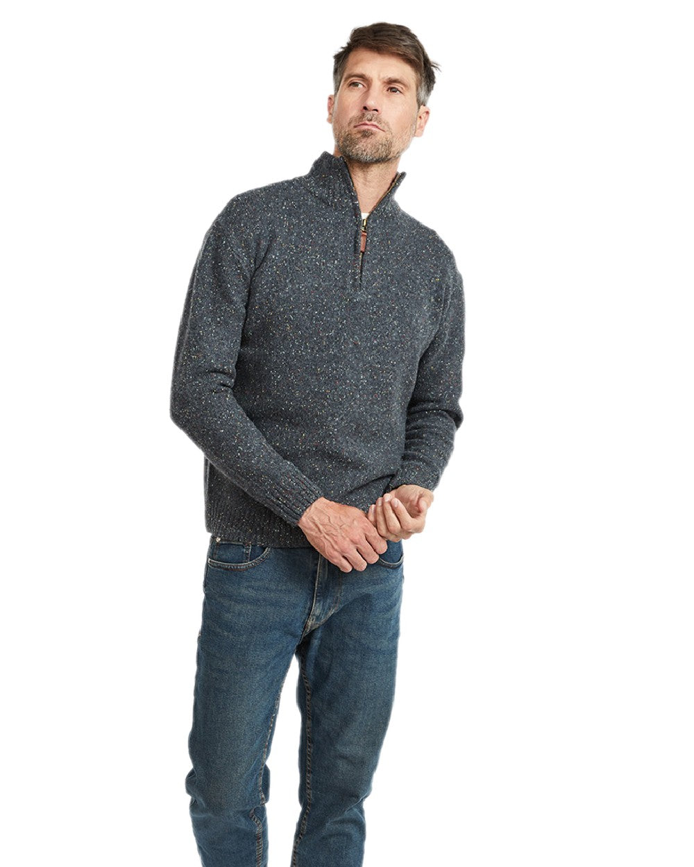Black Coloured Aran Wool Zip Neck Sweater on white background